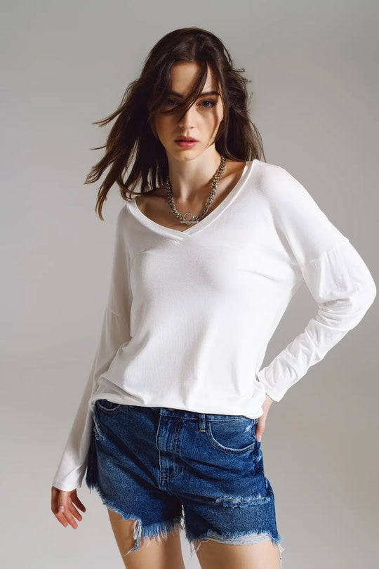 Q2 Cream long sleeve v neck top in modal