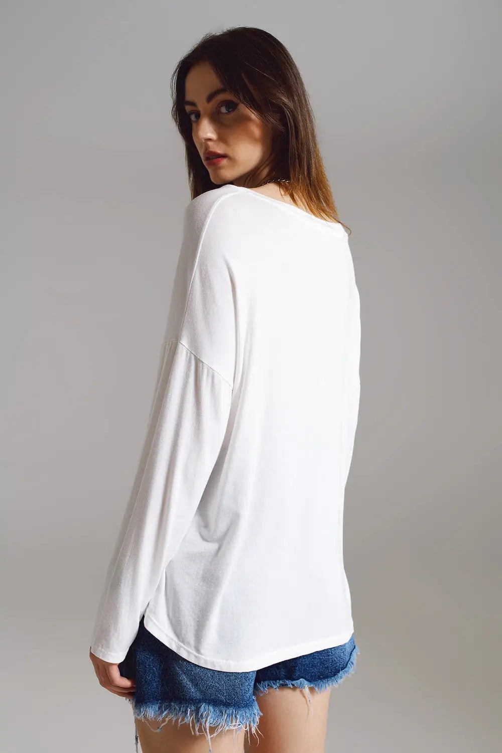 Cream long sleeve v neck top in modal - Tops