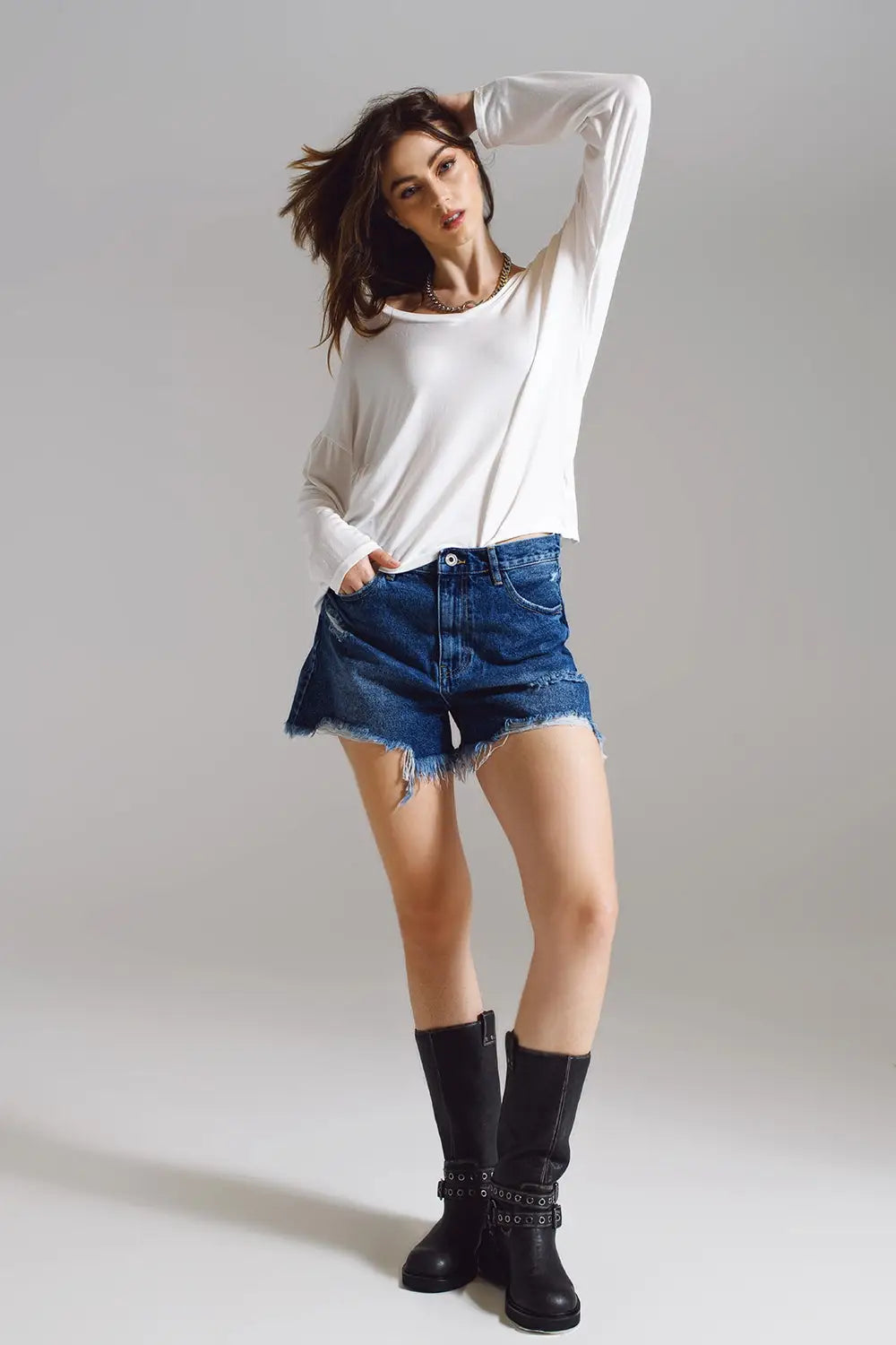 Cream long sleeve v neck top in modal - Tops