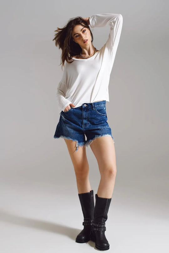 Cream long sleeve v neck top in modal - Tops