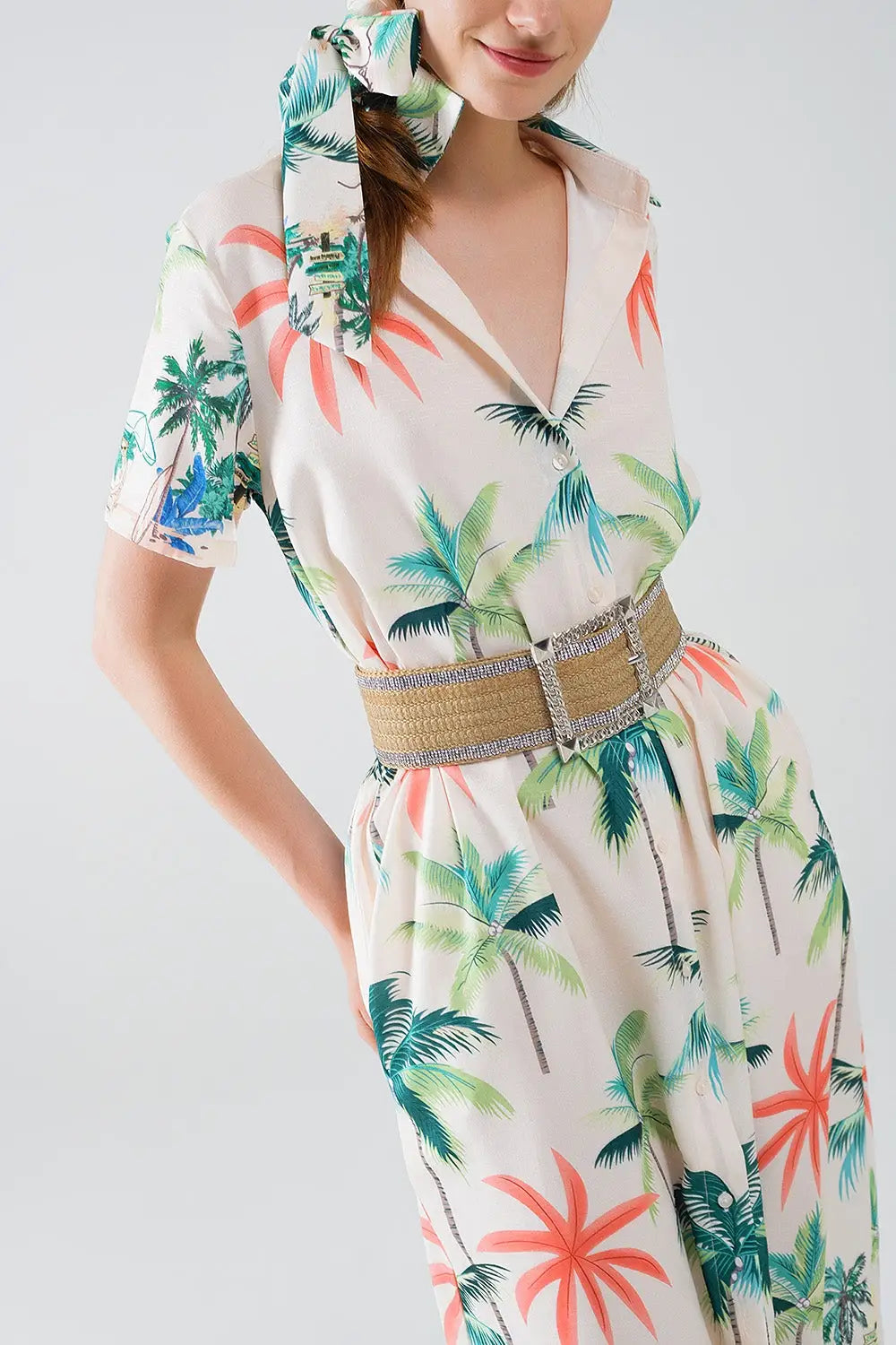 Cream Midi Dress with Beach Print and Polo Collar - Dresses