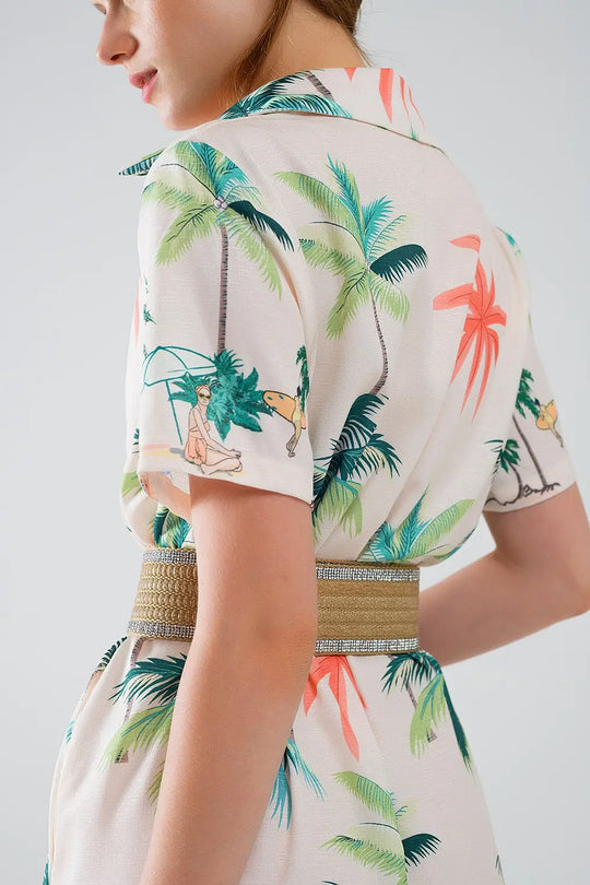 Cream Midi Dress with Beach Print and Polo Collar - Dresses