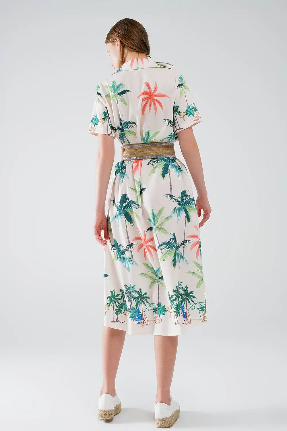 Cream Midi Dress with Beach Print and Polo Collar - Dresses