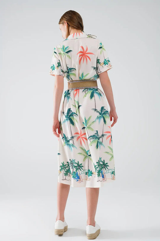Cream Midi Dress with Beach Print and Polo Collar - Dresses