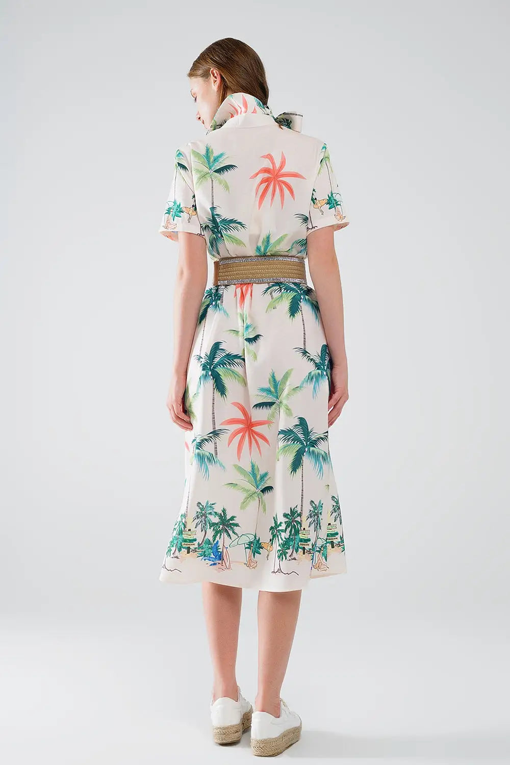 Cream Midi Dress with Beach Print and Polo Collar - Dresses