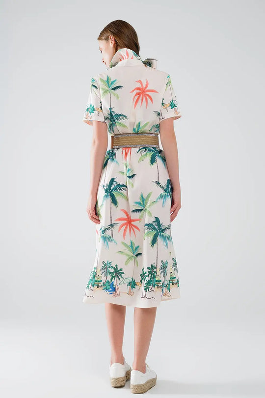 Cream Midi Dress with Beach Print and Polo Collar - Dresses