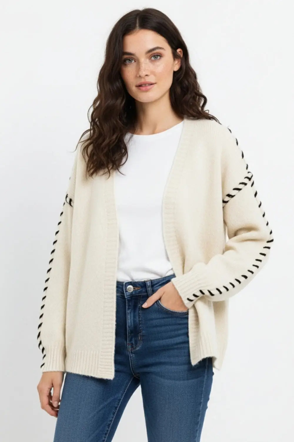 Cream Open Cardigan with Black Trim in chunky knitted - One Size / White