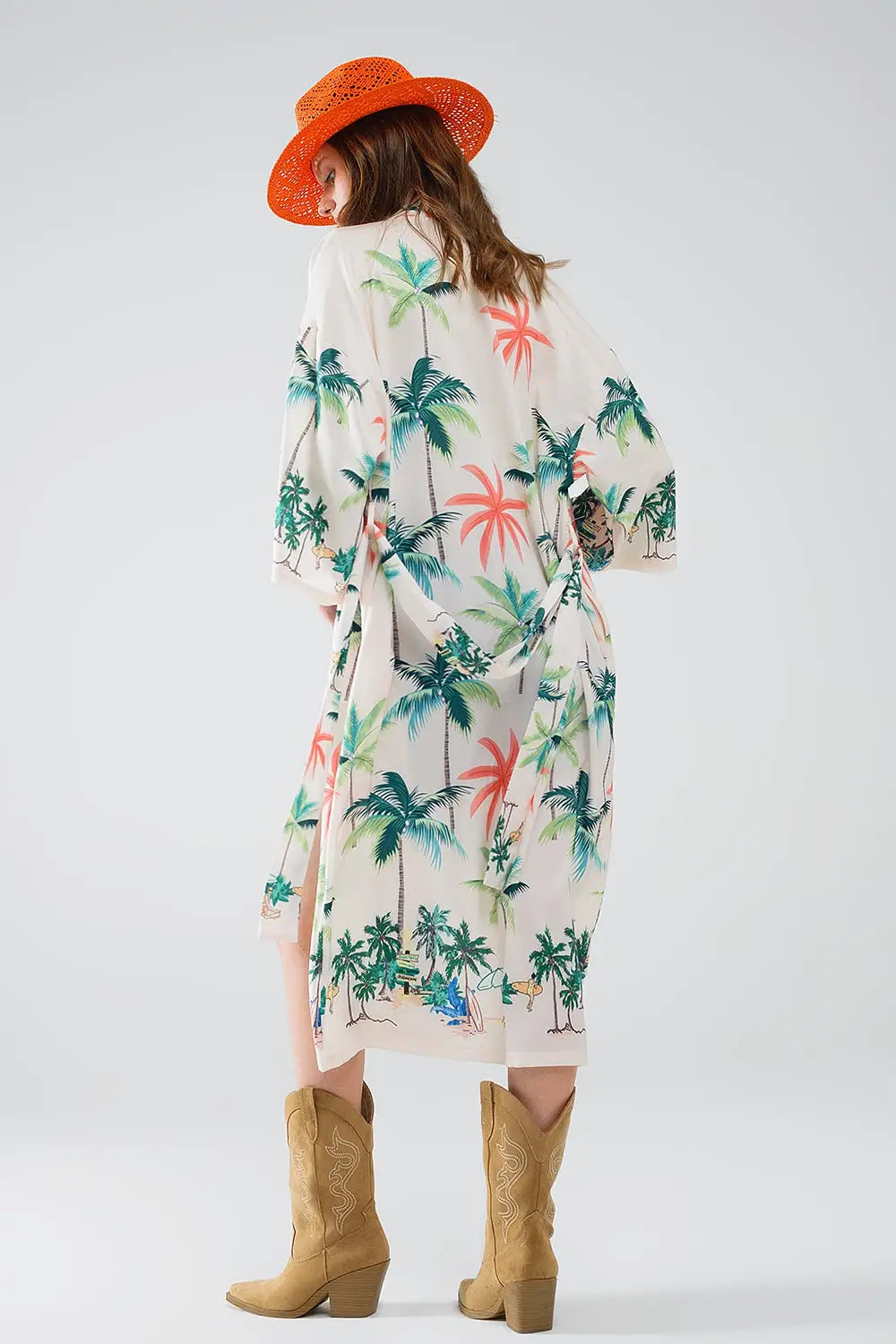 Cream Open Kimono with Beach Print in Midi Length - Coats and Jackets