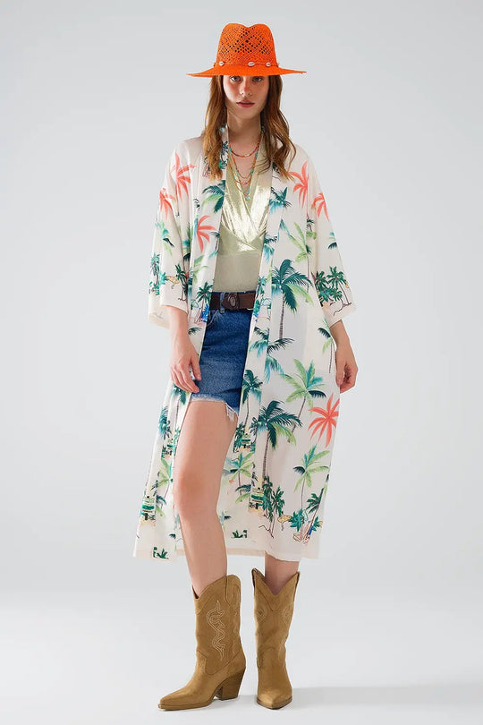 Cream Open Kimono with Beach Print in Midi Length - Coats and Jackets