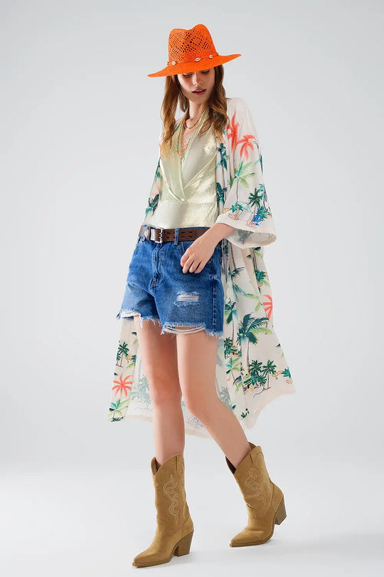 Cream Open Kimono with Beach Print in Midi Length - Coats and Jackets
