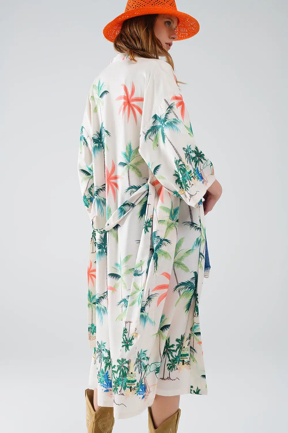 Cream Open Kimono with Beach Print in Midi Length - Coats and Jackets