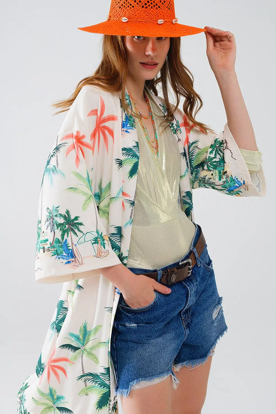 Cream Open Kimono with Beach Print in Midi Length - Coats and Jackets