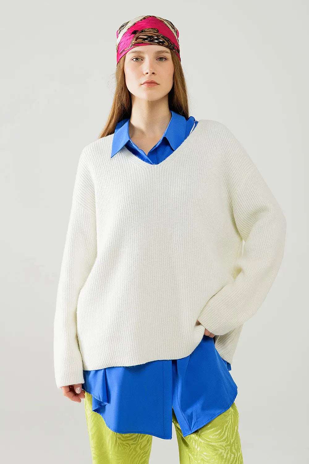 cream oversized knit sweater with V neck - One Size / White - Sweaters