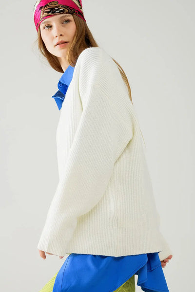 cream oversized knit sweater with V neck - One Size / White - Sweaters