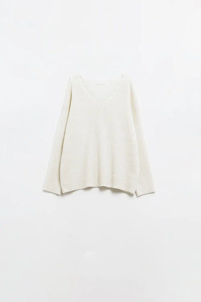 cream oversized knit sweater with V neck - One Size / White - Sweaters