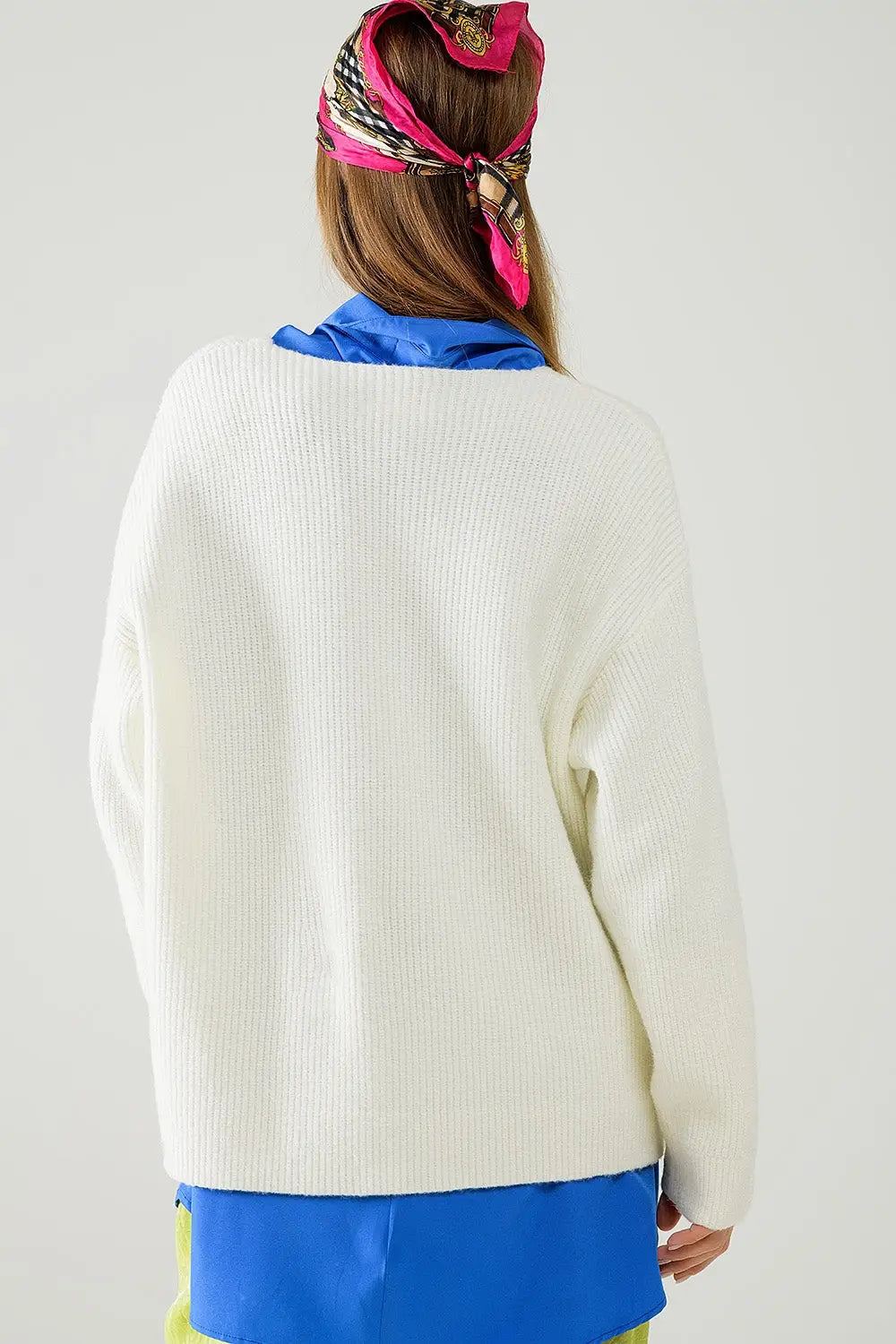 cream oversized knit sweater with V neck - One Size / White - Sweaters