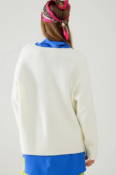 cream oversized knit sweater with V neck - One Size / White - Sweaters