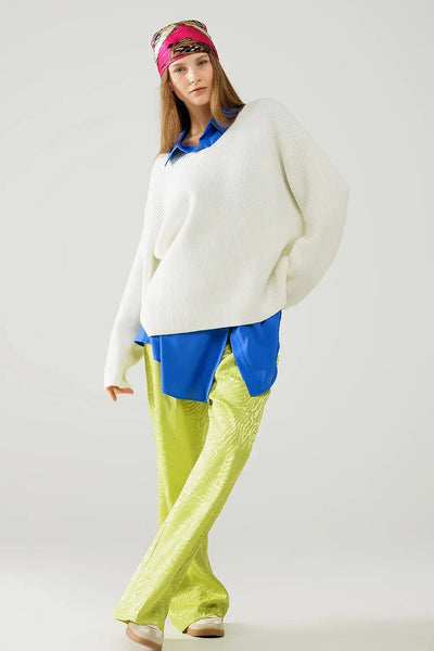 cream oversized knit sweater with V neck - One Size / White - Sweaters