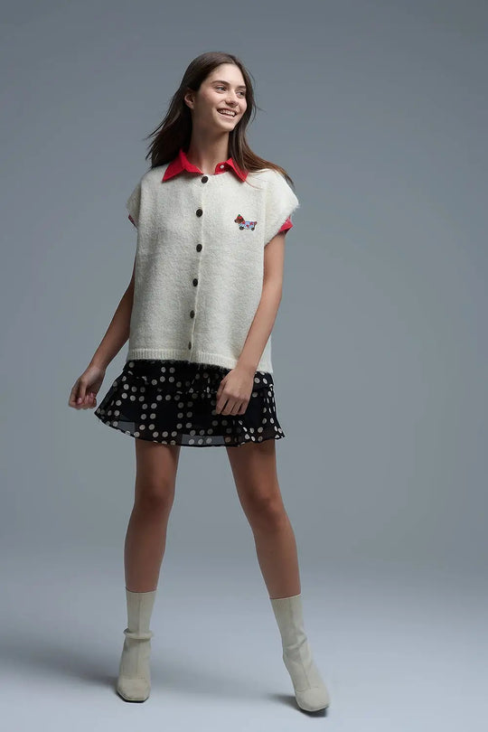 Cream relaxed knitted Vest With Embroidered cute Dog Detail - One Size / White - Sweaters