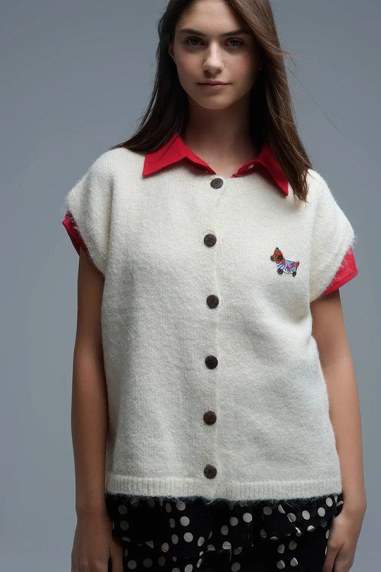 Cream relaxed knitted Vest With Embroidered cute Dog Detail - One Size / White - Sweaters