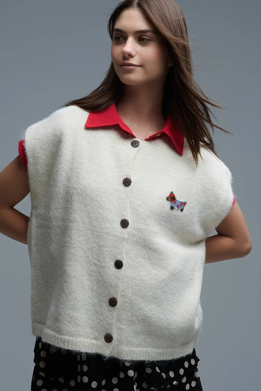 Cream relaxed knitted Vest With Embroidered cute Dog Detail - One Size / White - Sweaters