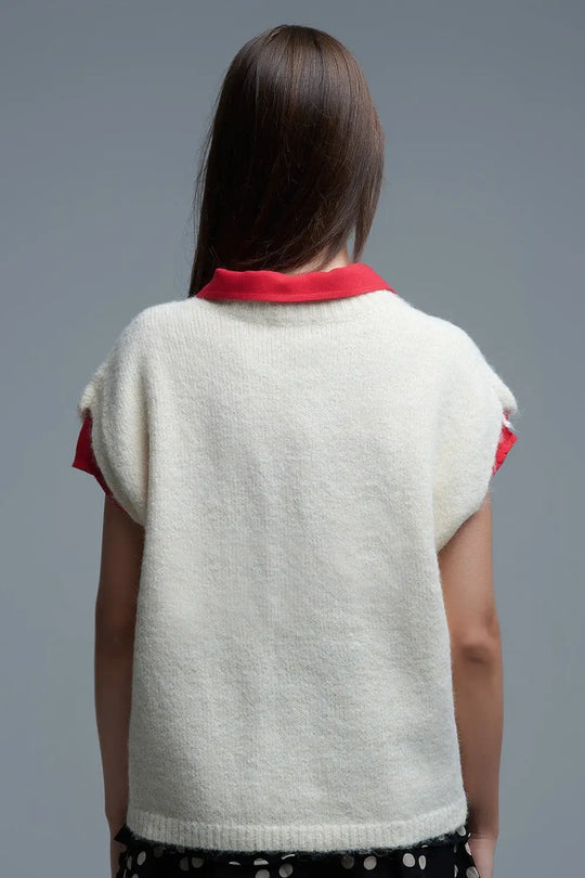Cream relaxed knitted Vest With Embroidered cute Dog Detail - One Size / White - Sweaters