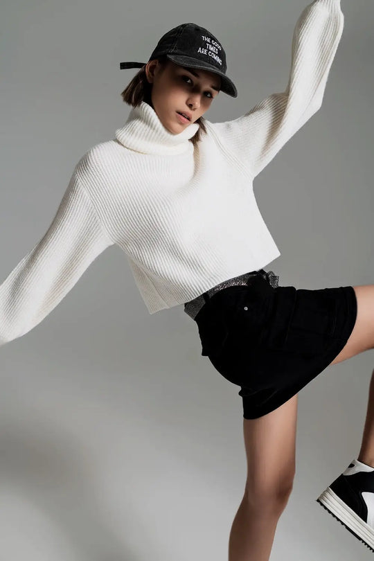 Cream ribbed knit turtleneck jumper with balloon sleeves - Sweaters