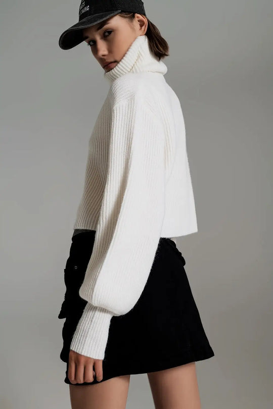 Cream ribbed knit turtleneck jumper with balloon sleeves - Sweaters