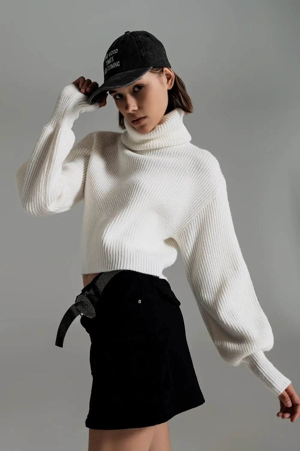 Cream ribbed knit turtleneck jumper with balloon sleeves - Sweaters