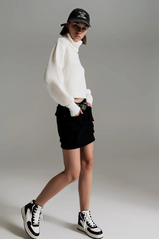 Cream ribbed knit turtleneck jumper with balloon sleeves - Sweaters