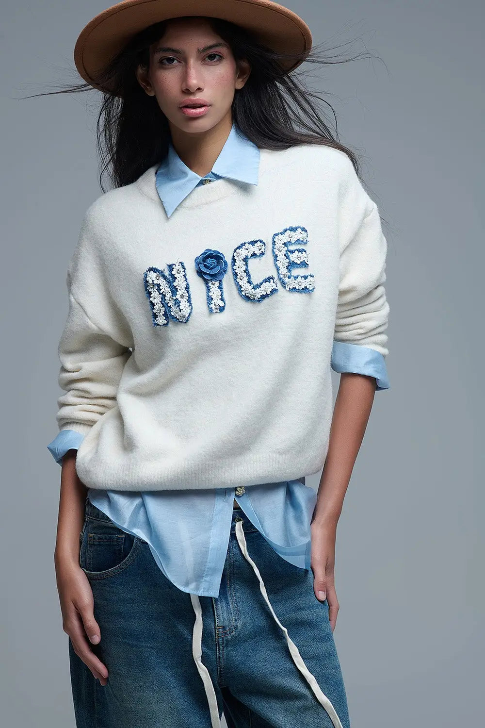 Cream Round Neck Sweater With Embroidered Nice - One Size / White - Sweaters