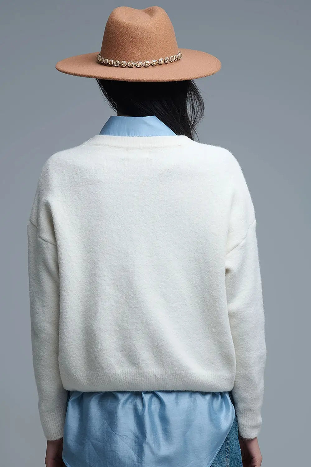 Cream Round Neck Sweater With Embroidered Nice - One Size / White - Sweaters