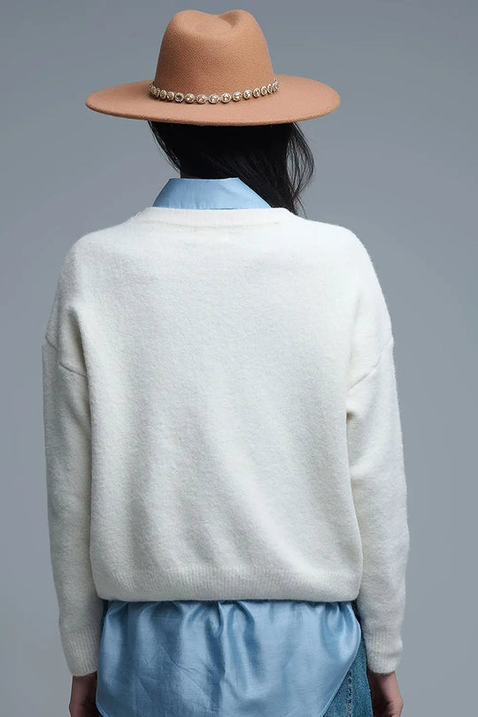 Cream Round Neck Sweater With Embroidered Nice - One Size / White - Sweaters