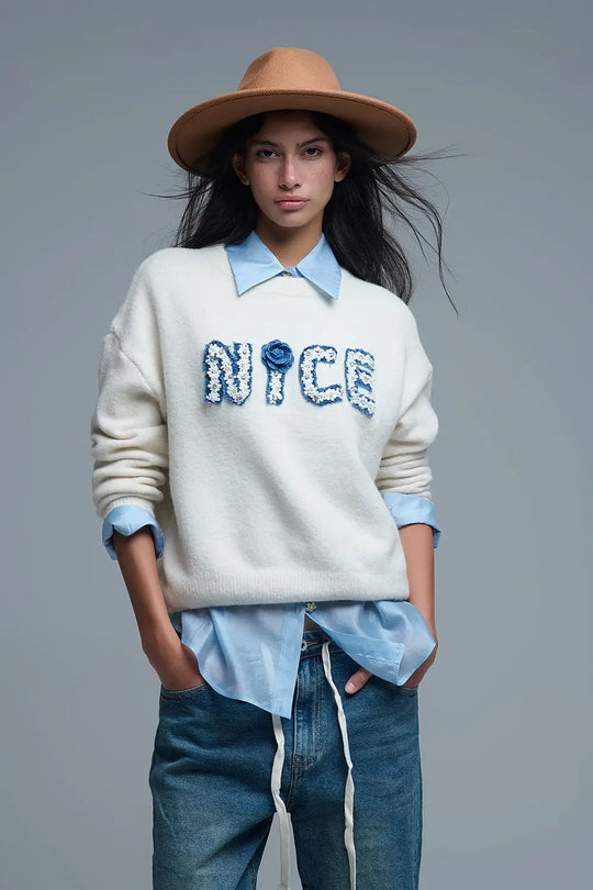 Cream Round Neck Sweater With Embroidered Nice - One Size / White - Sweaters