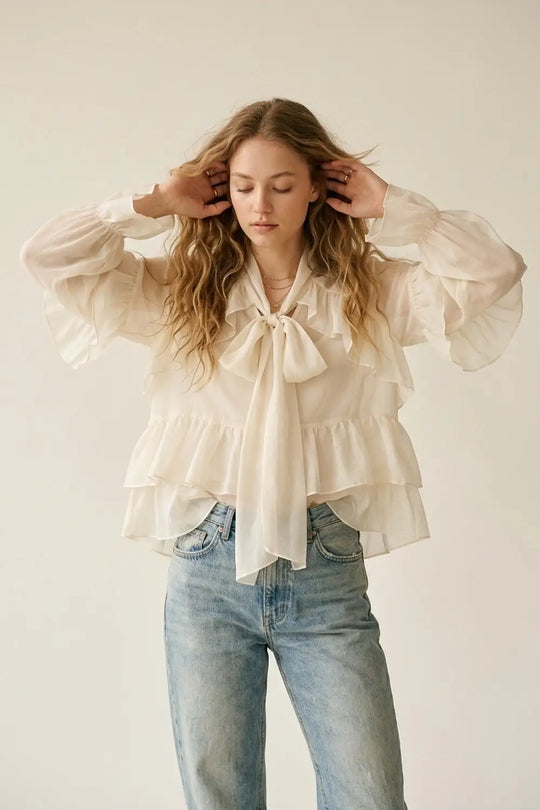 Q2 Cream Ruffled Sheer Blouse in chiffon fabric
