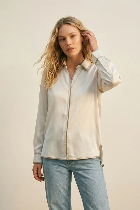 Q2 Cream Satin Button-Down Shirt with Contrast Trim