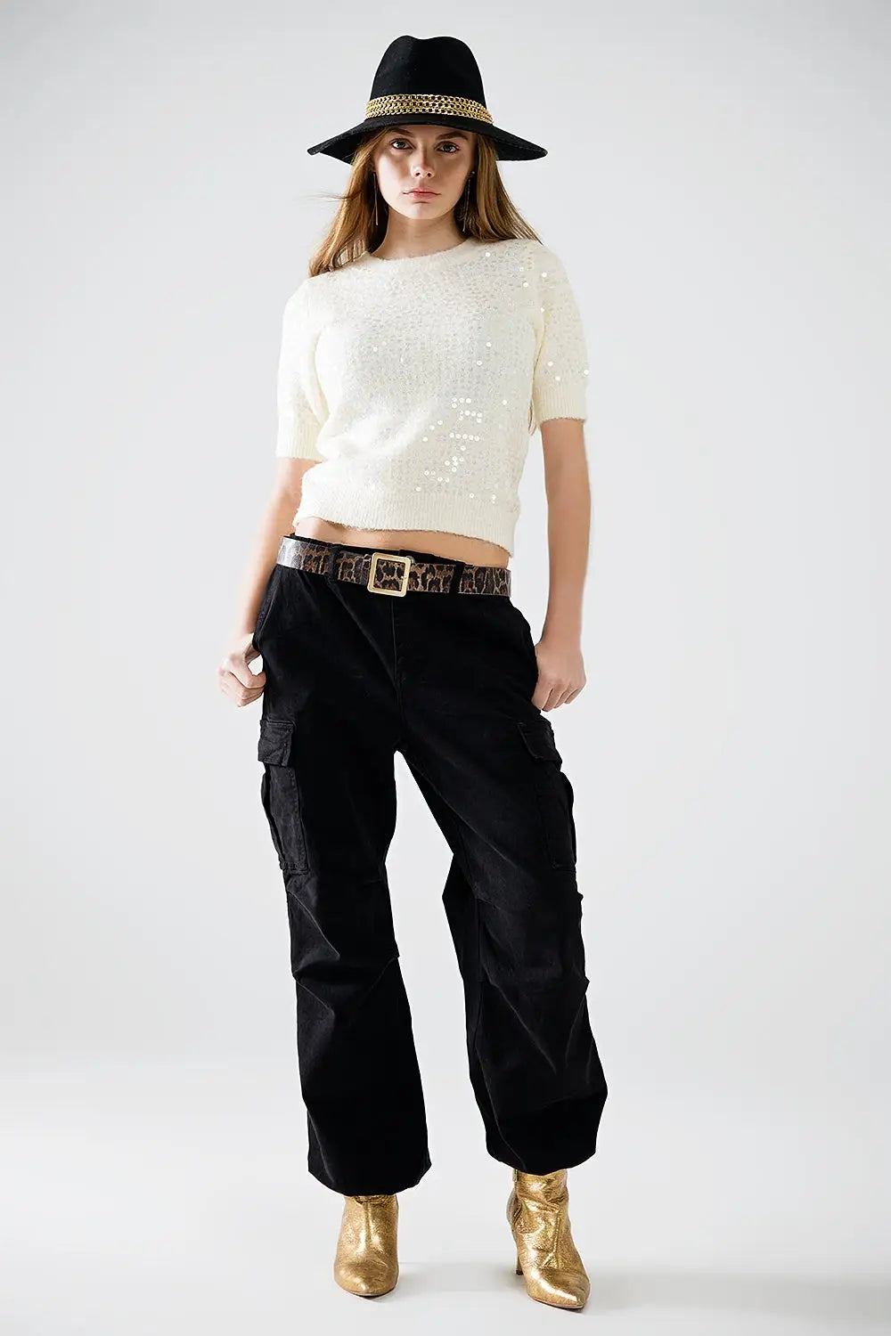 Cream short sleeve sequin sweater - Sweaters