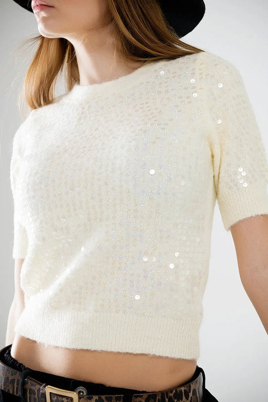Cream short sleeve sequin sweater - Sweaters