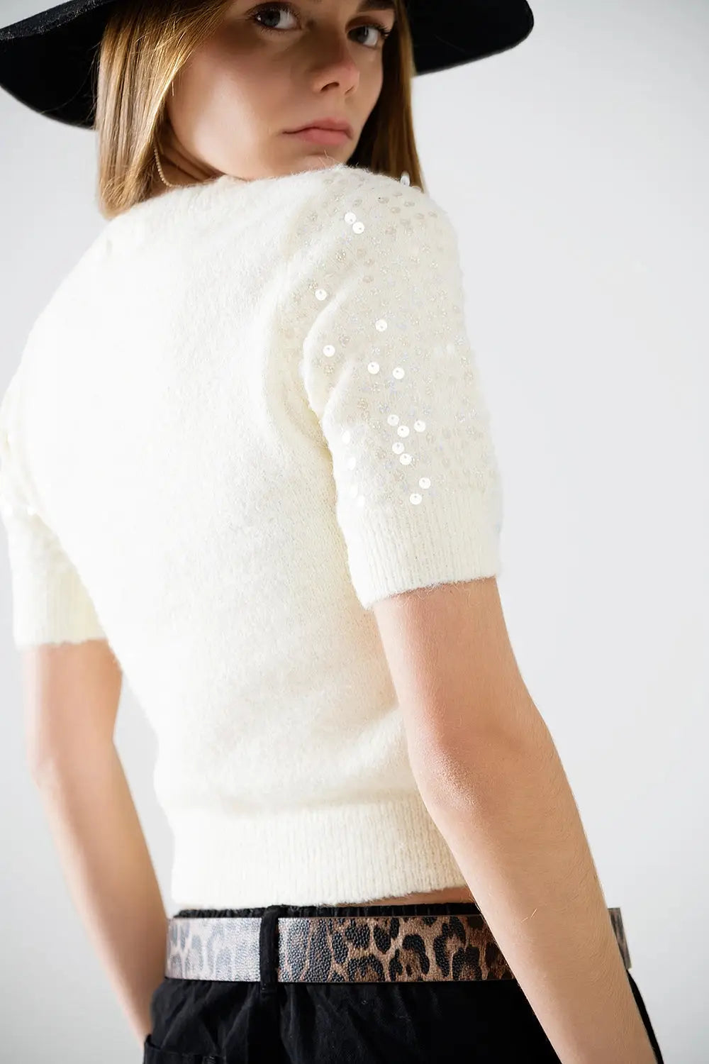 Cream short sleeve sequin sweater - Sweaters