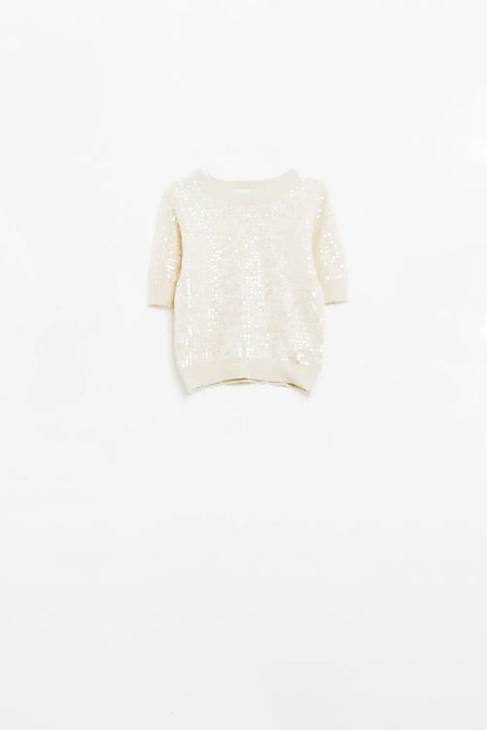 Cream short sleeve sequin sweater - Sweaters