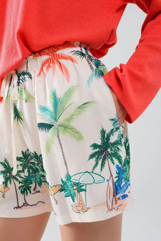 Cream Shorts with Beach Print and Elastic Waist - Pants
