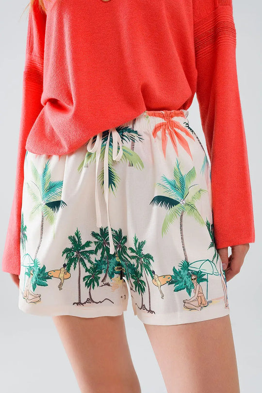 Cream Shorts with Beach Print and Elastic Waist - Pants