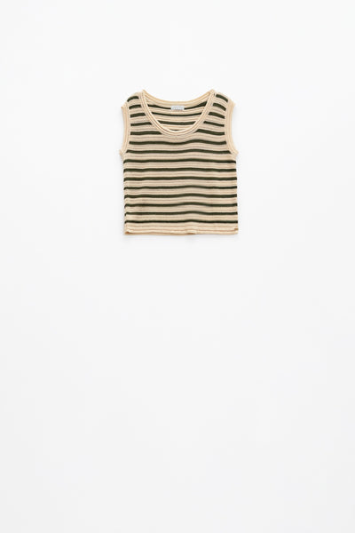 Cream sleeveless knit top with khaki stripes