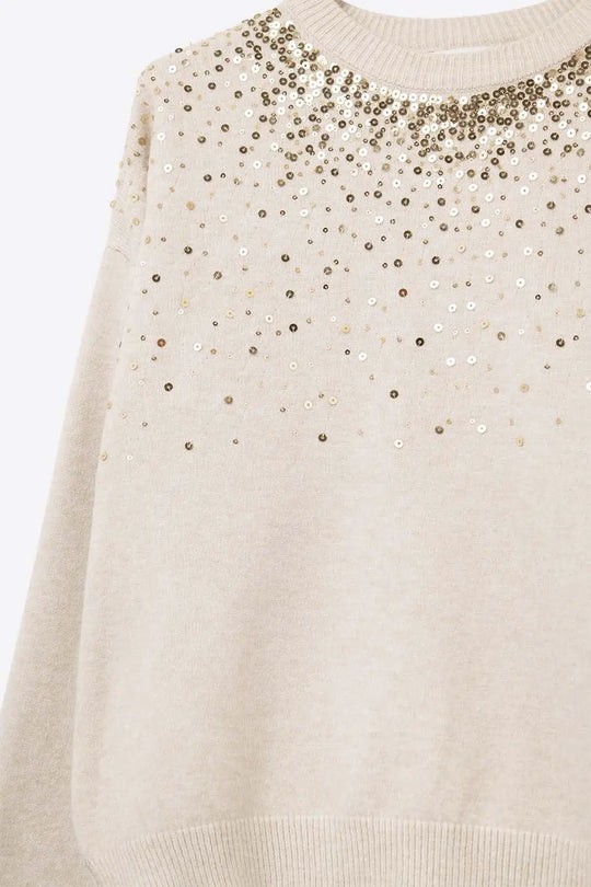 Cream soft knit sweater embellished with sequins on the front - One Size / White