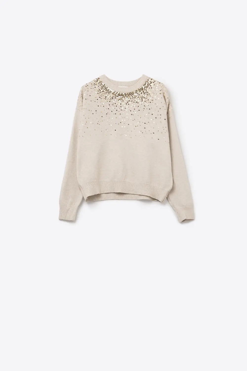 Q2 Cream soft knit sweater embellished with sequins on the front