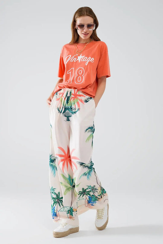 Cream Straight Leg Pants with Beach Print and Elastic Waist - Pants