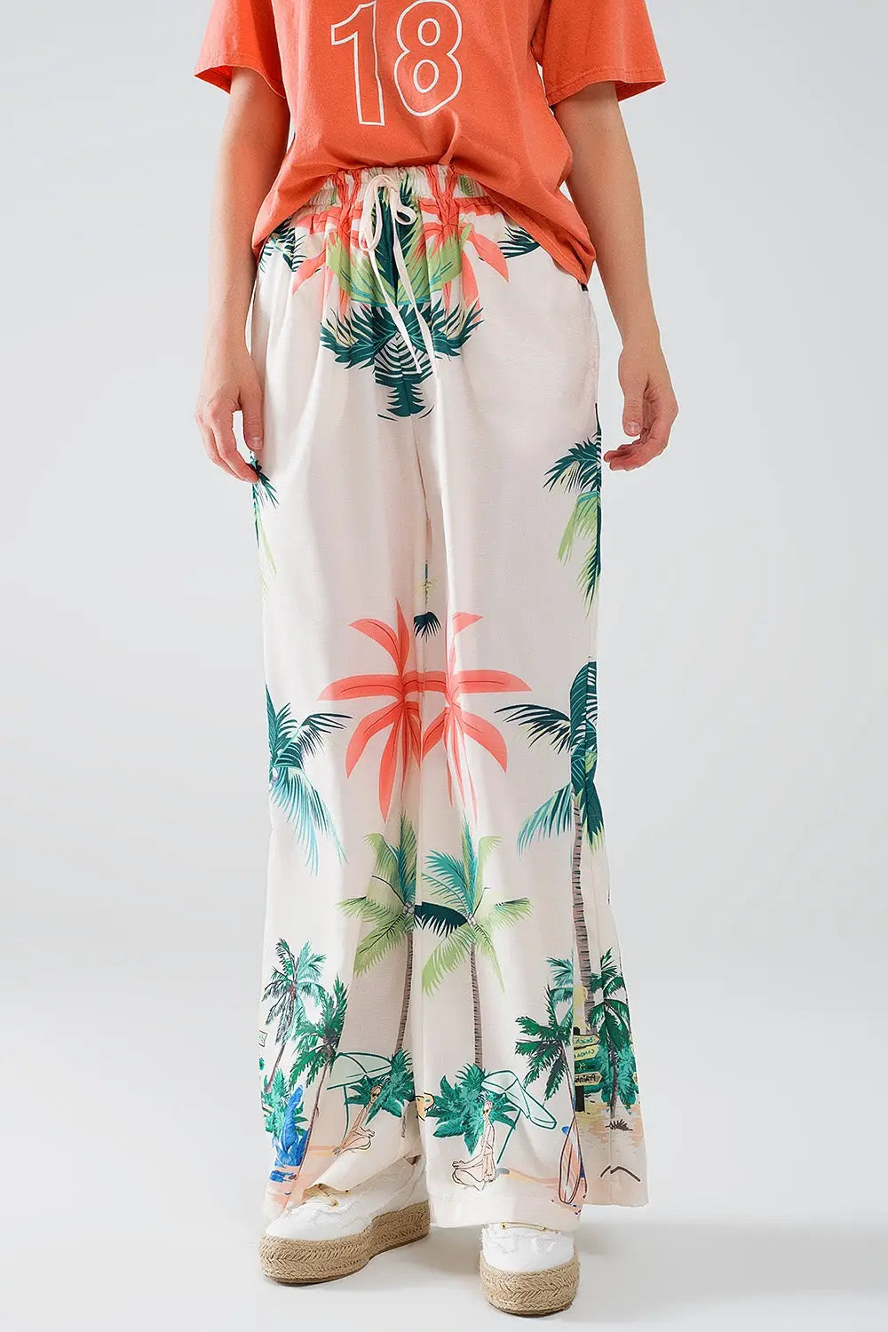 Cream Straight Leg Pants with Beach Print and Elastic Waist - Pants