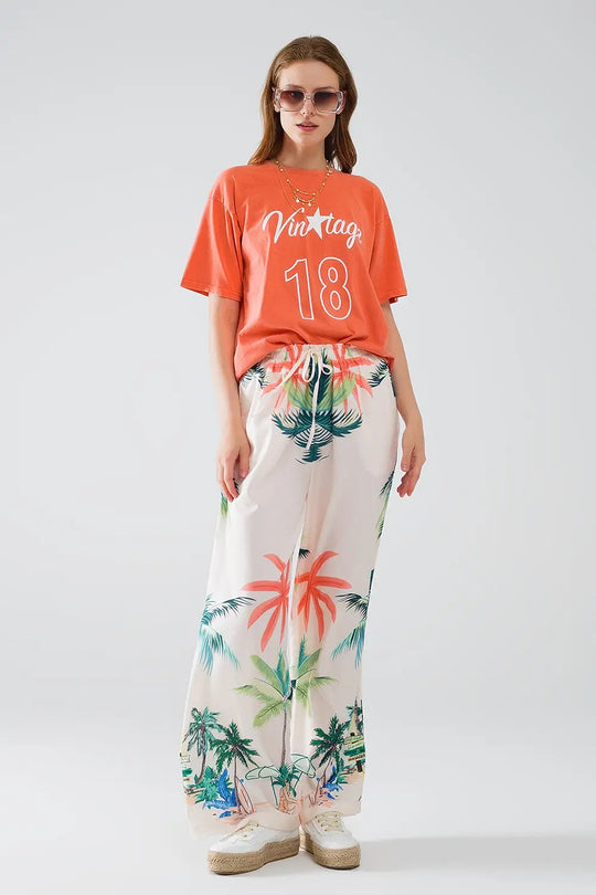 Cream Straight Leg Pants with Beach Print and Elastic Waist - Pants