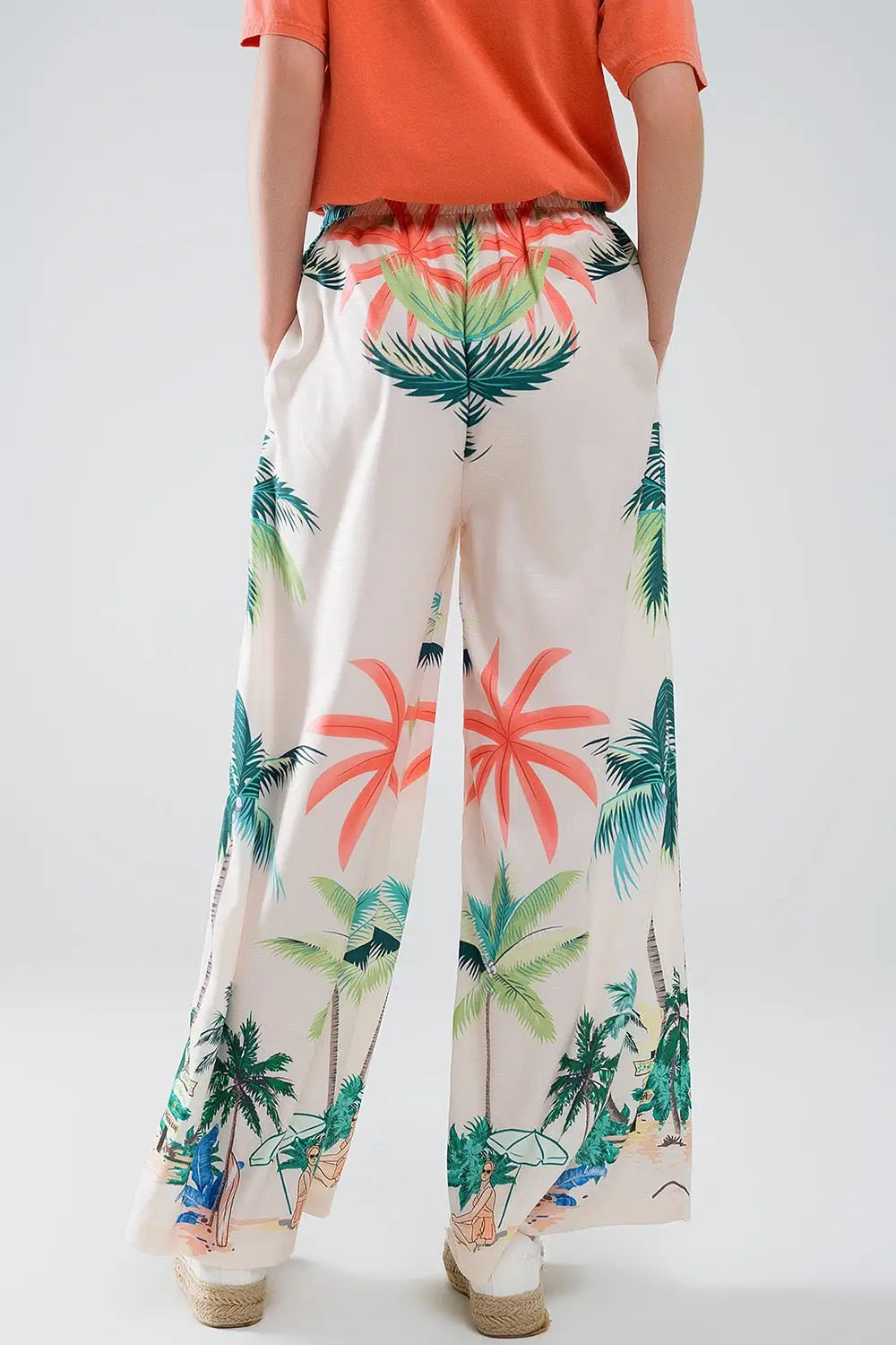 Cream Straight Leg Pants with Beach Print and Elastic Waist - Pants