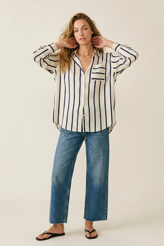 Q2 Cream Stripe Relaxed Fit Shirt in satin fabric with pocket